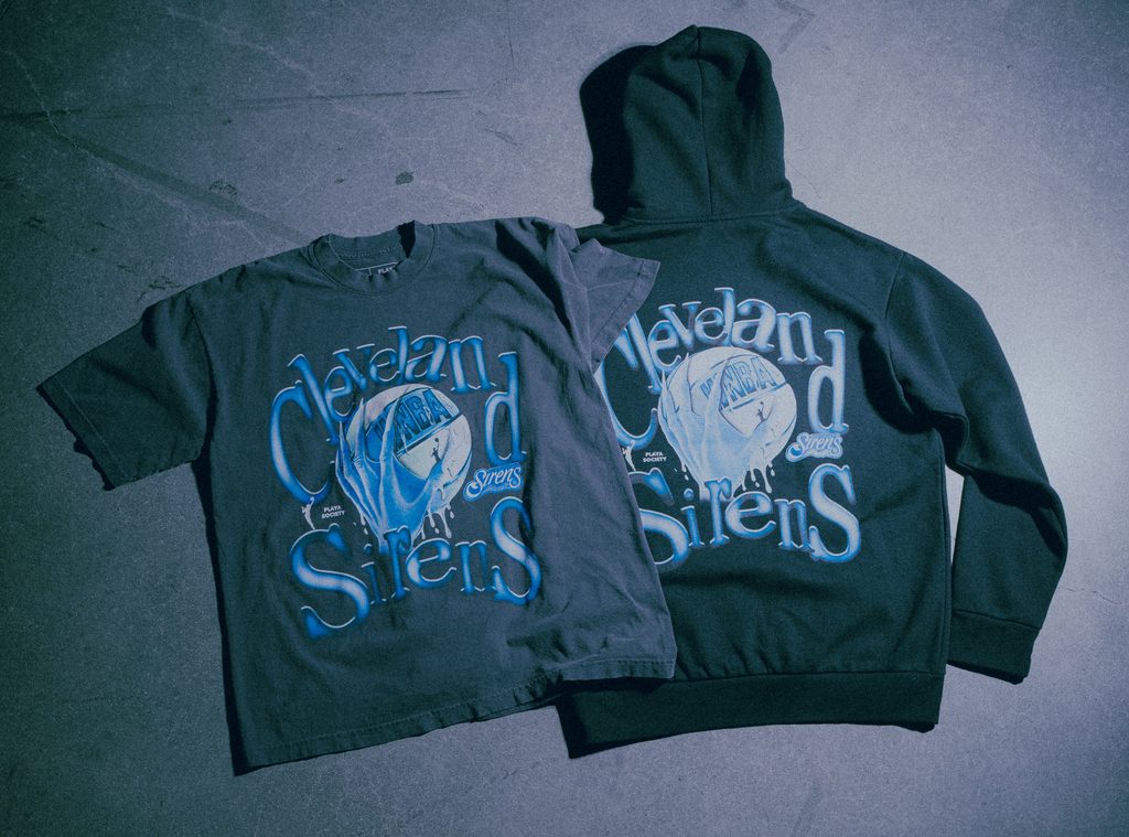 Official Cleveland Sirens Playa Society collaboration showing a navy T-shirt and hoodie with claw-and-basketball artwork